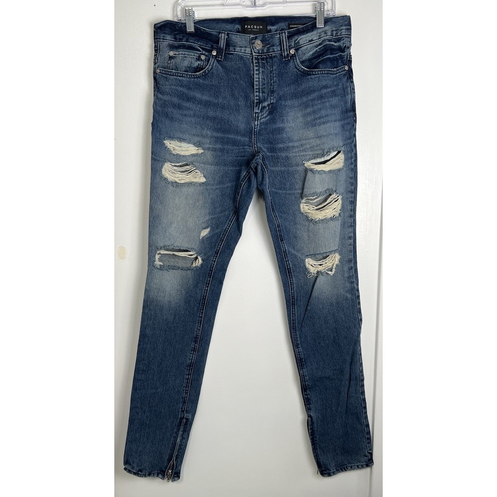 Pacsun Stacked Skinny Distressed Denim Cuff Zip‎ Jeans Blue Men's Measures 32X32